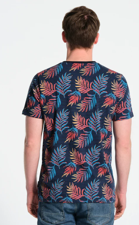 t-shirt-manches-courtes-homme-bleu-imprime-feuilles-J