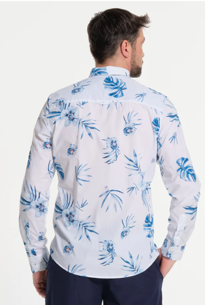 Chemise homme blanche à fleurs bleues J